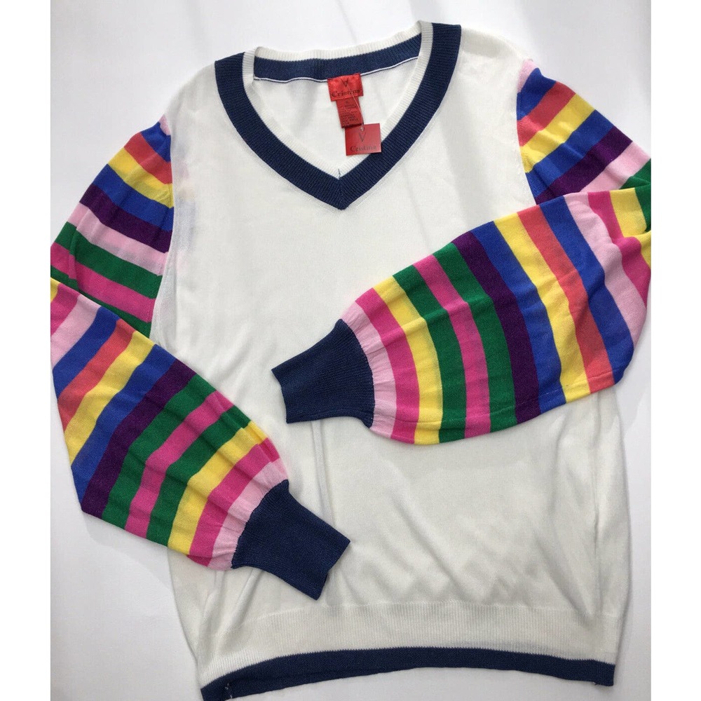 NWT Women’s XL White Glitter Striped Sleeve PULLOVER V Neck